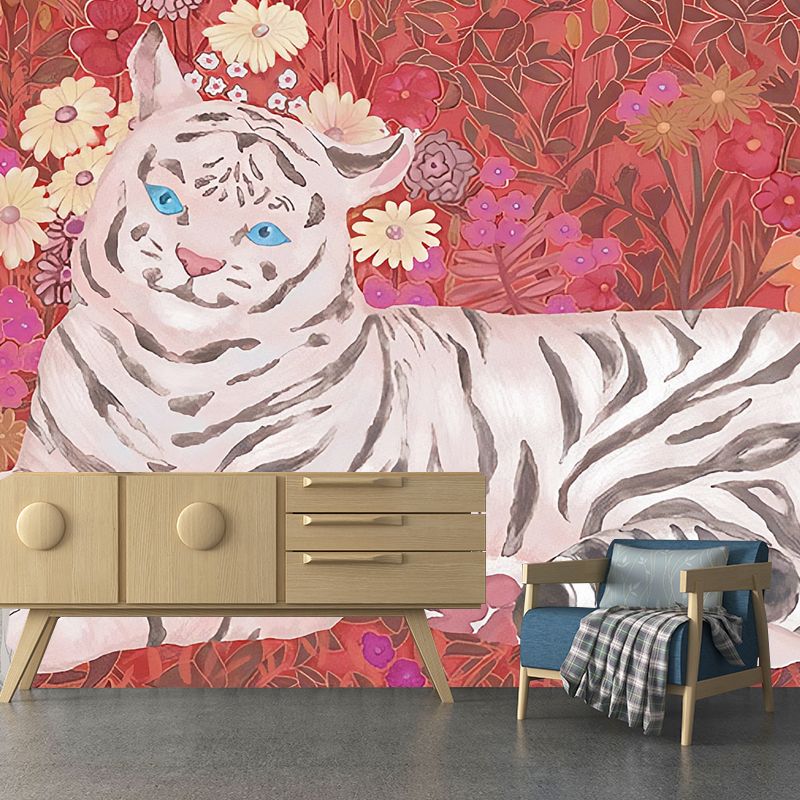 Big Illustration Contemporary Wall Covering for Living Room with Cute Tiger and Floral Design in Pink