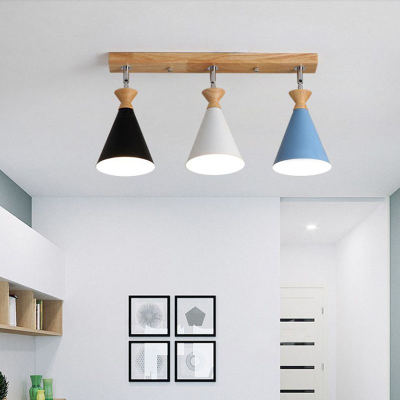 Lámpara de techo de 3 luces de hierro de estilo creativo moderno con montaje semi empotrado de cono de madera para comedor