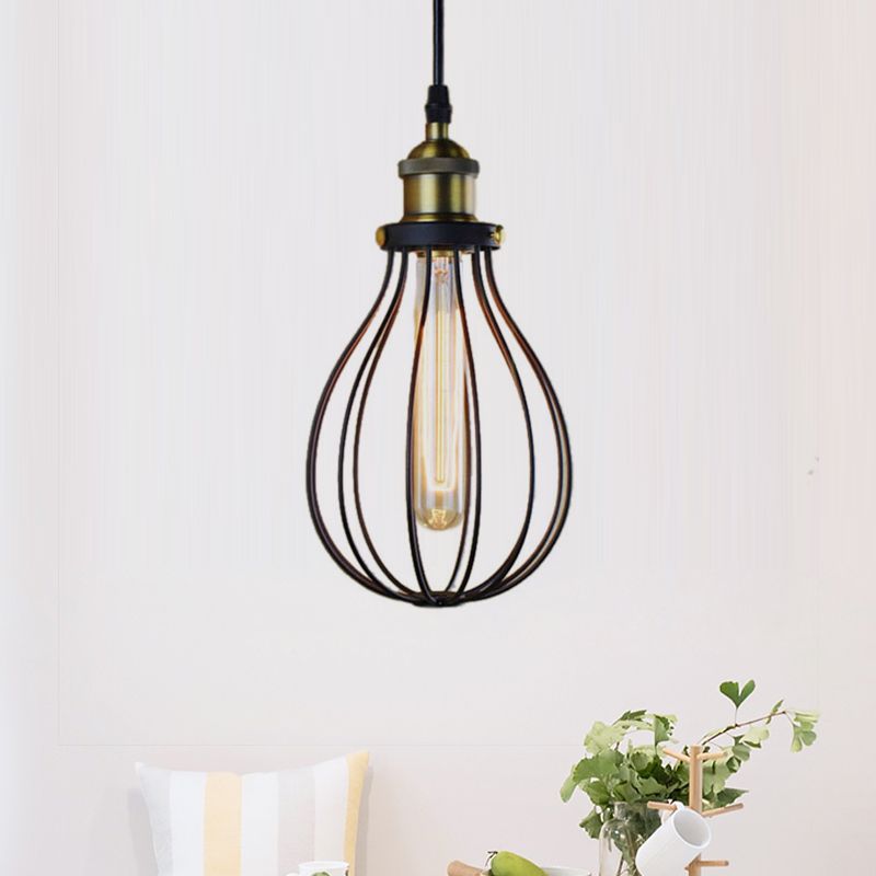 Metallic Black/Brass Pendant Ceiling Light Wire Cage 1 Light Vintage Industrial Ceiling Light with Bulb Shade