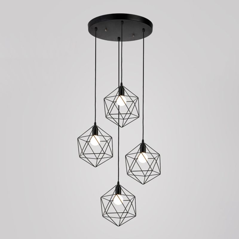 Geometric Cage Staircase Multi Ceiling Lighting Metallic Suspension Light Fixture