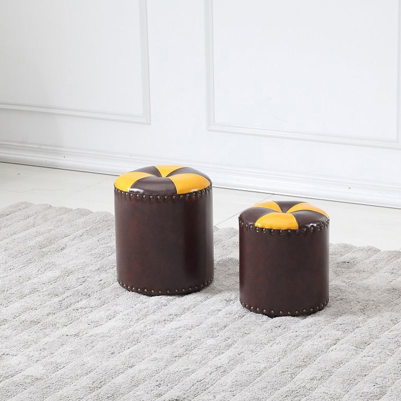 Modern Round Ottoman Color Block Leather Round Ottoman With Nailhead Trim