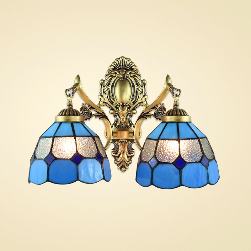 Vintage Domed Wall Lighting Stained Glass 2 Heads Wall Mount Fixture in Blue for Stairway
