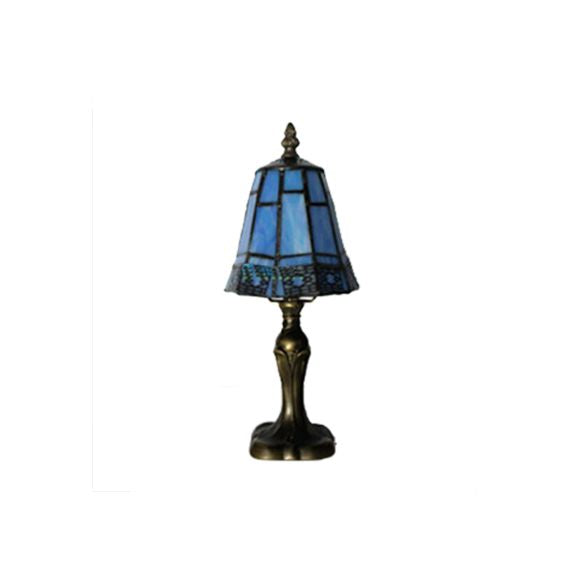 Mission Tiffany Cone Table Lighting Stained Glass 1 Head Standing Table Lamp in Beige/Blue for Bedroom