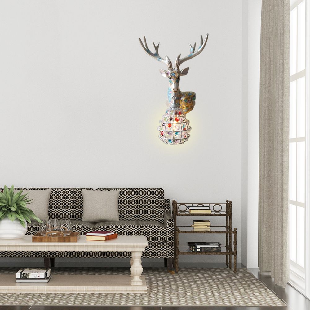 Application de cerf traditionnelle 1 Éclairage mural en résine lumineuse en noir / rose / jaune pour chambre avec une nuance de cristal de gouttelettes, droite / gauche