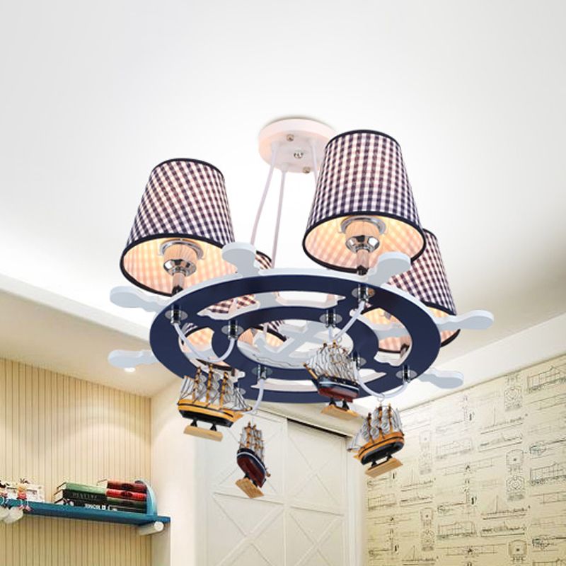Rudder Chandelier Pendant Light Kids Wooden 4 Heads Blue Hanging Lamp with Boat Decoration