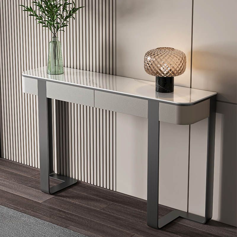 Modern Rectangular Console Table Stone Console Sofa Table in Grey/Gold