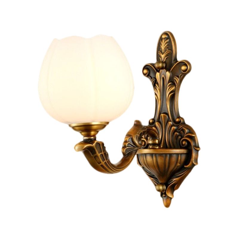 1/2-Light Bowl Shade Wall Sconce Vintage Stylish Antique Brass Metal Wall Light with Milky Glass Shade