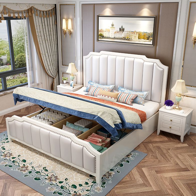 French Style Upholstered Stepped Platform Bed Foam Headboard Bed