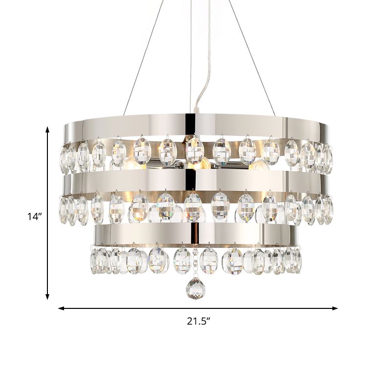 Tiered Ring Hanging Ceiling Light Metallic Multi Light Chandelier Lamp with Clear Crystal Deco in Chrome