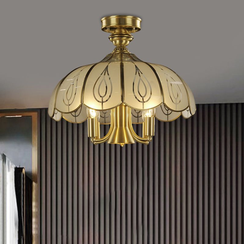 Latón 4 cabezas Semi Flush Estilo rural Vidrio esmerilado con techo cubierto de vidrio con patrón de hoja