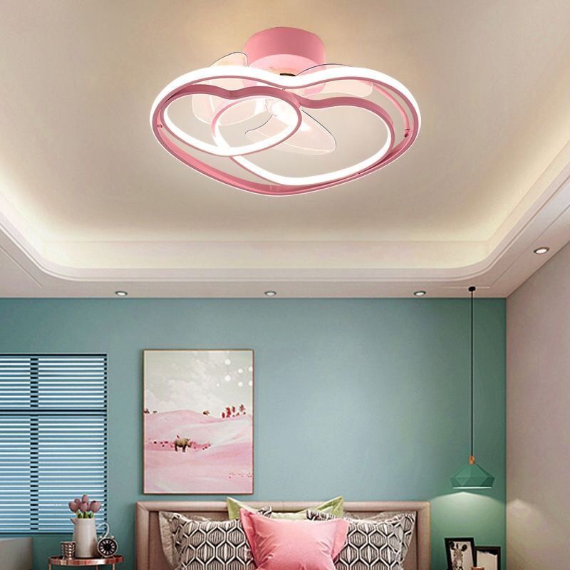 Heart Shaped Semi Flush Mount Fan Lamp Cartoon Metal Bedroom LED Ceiling Fan with Light