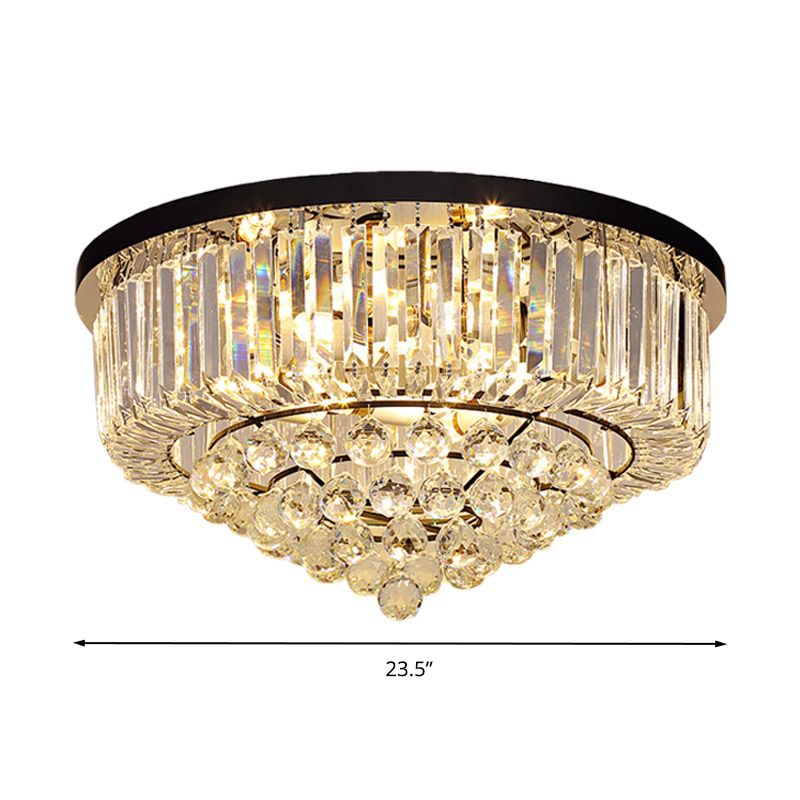 Drum Flush Mount Light Contemporary Tri-Sided Crystal Rod 4/6/9 Heads Black Ceiling Light Fixture, 14"/18"/23.5" Wide