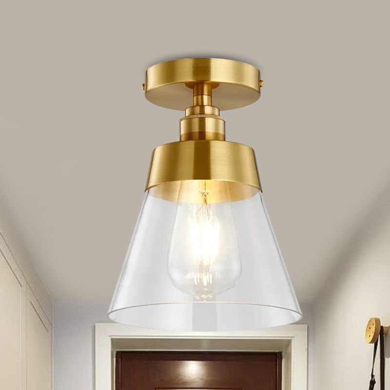 1 Light Gold Finish Semi-Flush Mount Light with Conical Shade and Clear Glass Minimalist Semi Flush Ceiling Light