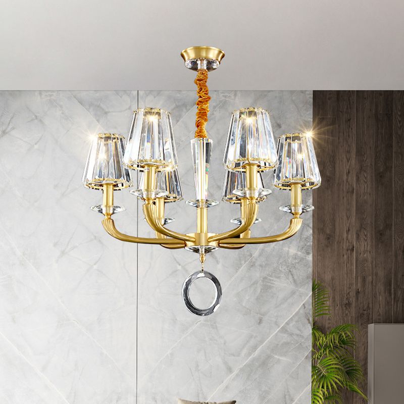 Prismatic Crystal Cone Shade Chandelier Mid-Century 6 Bulbs Parlor Ceiling Pendant Light with Ring Drop in Gold
