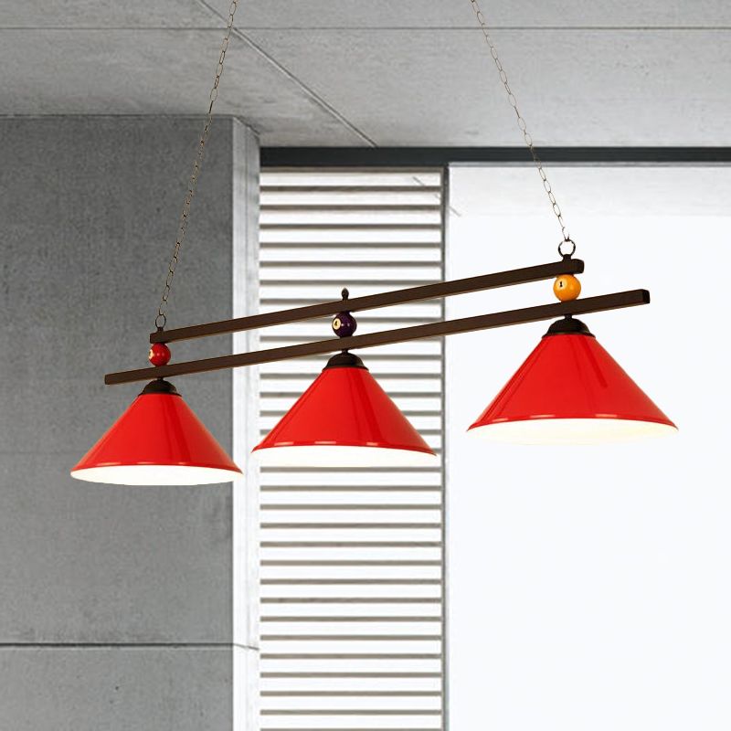 Industrial Style Cone Shade Ceiling Pendant 3 Heads Metal Island Lighting with Billiard Ball Deco in Black/Red