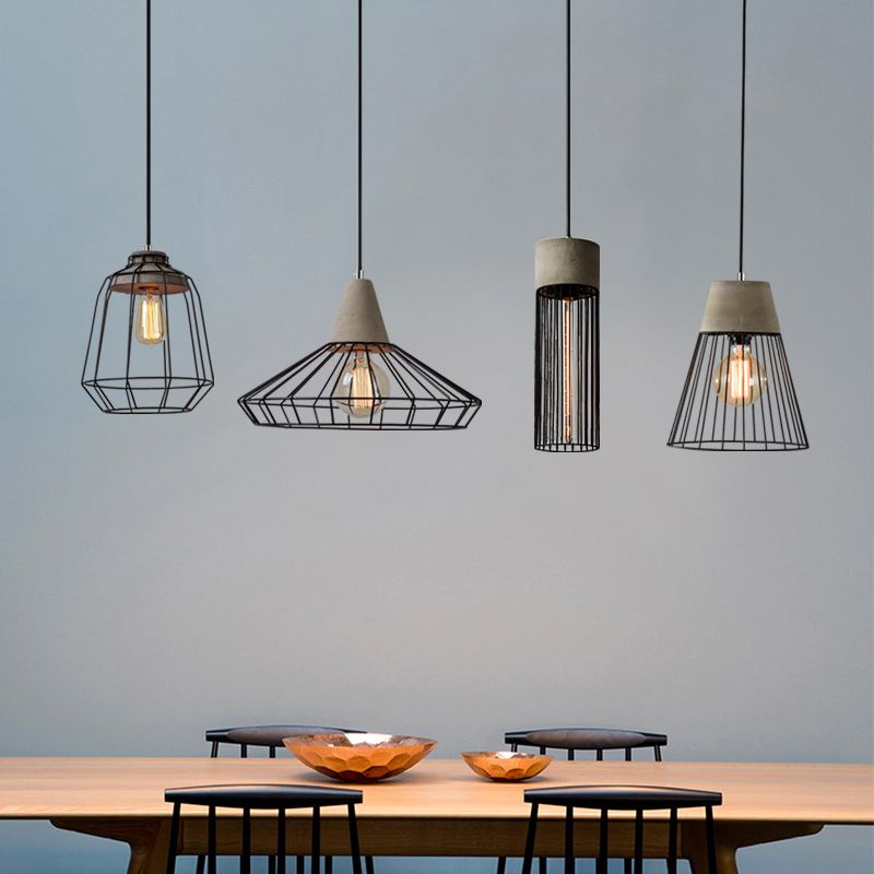 1-Light Pendant Light Fixture Industrial Cone/Cylinder/Triangle Iron Hanging Lamp in Black with Cement Socket