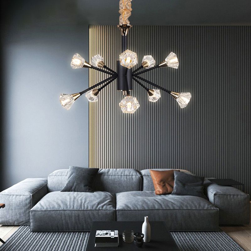 Pyramid Crystal Sputnik Semi Flush Mounture Modern 10 cabezas Lámpara de techo de sala de estar en negro