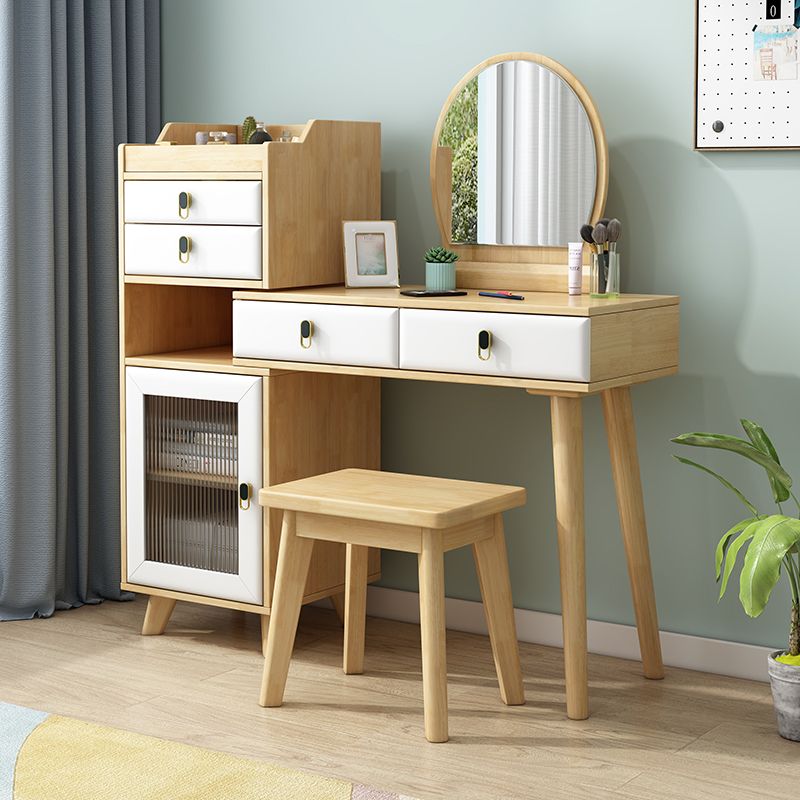 Rubberwood Vanity Set with Stool and Mirror Scandinavian 4 Drawers Dresser