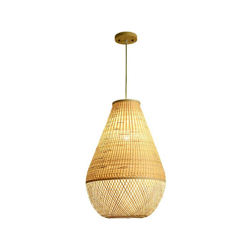 Bamboo Woven Droplet Shaped Pendant Simplicity 1-Bulb Beige Hanging Light over Table