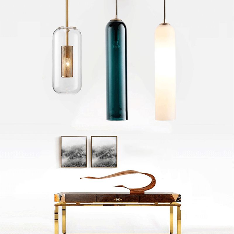Modern Concise Cylindrical Pendant Light Wrought Iron Single Hanging Lamp with Glass Shade