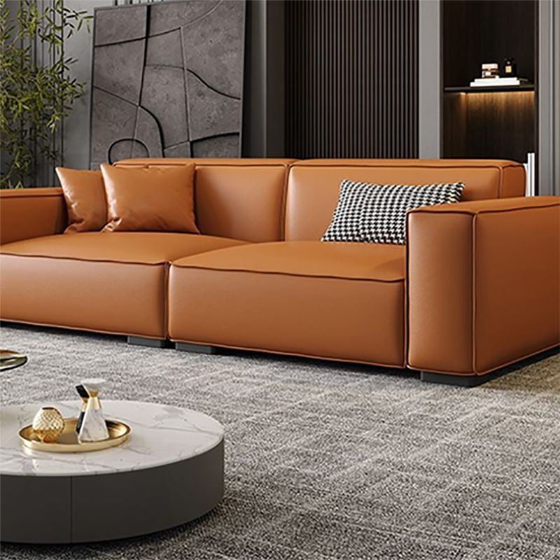 Vintage Genuine Leather Orange Cushions Square Arm Living Room Settee