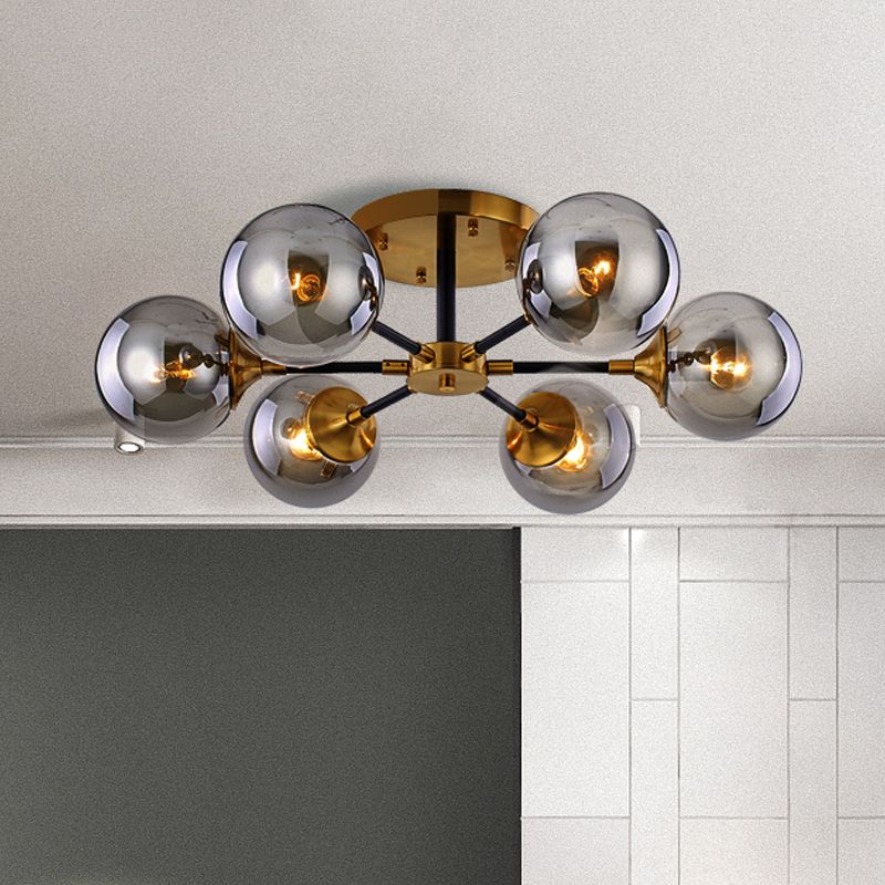 Postmodern Radial Smoke Glass Semi Flush 3/6 Heads Flush Mount Ceiling Chandelier in Brass and Black