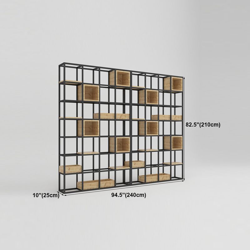 Modern Open Etagere Bookshelf with Black Iron Frame Pine Wood Shelf