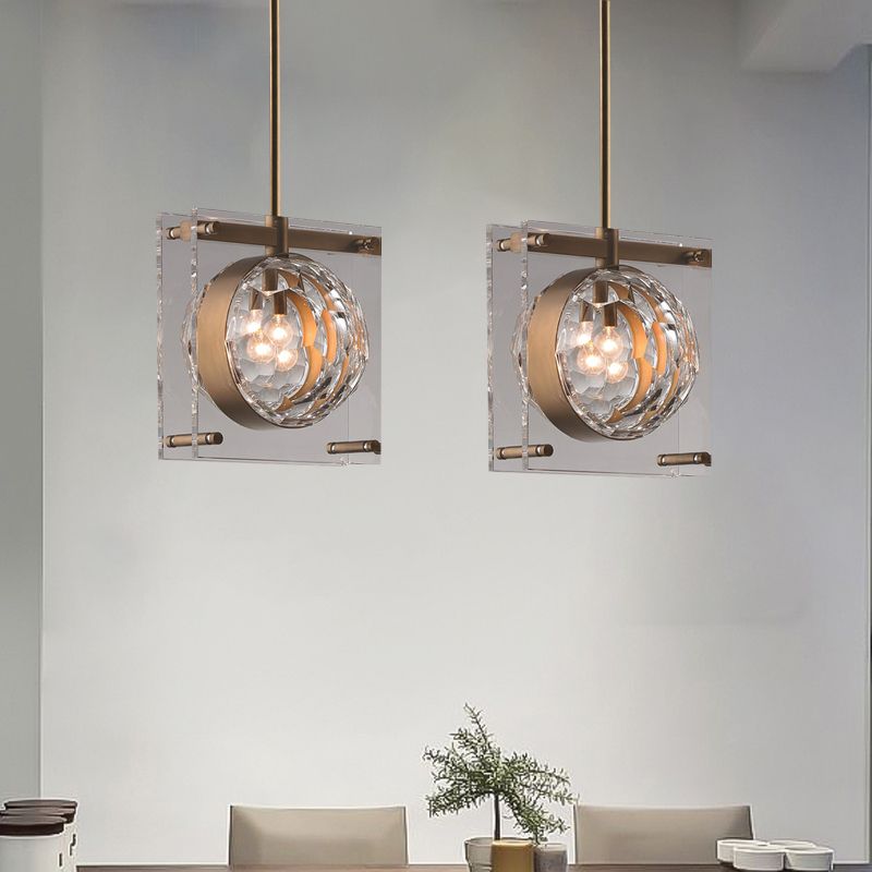 Modernisme mondial en cristal biseauté 1 chambre légère suspendue au plafond suspendu avec panneau de 2 carrés en laiton