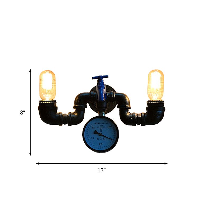 Antique Style Pipe Wall Lamp with Pressure Gauge and Faucet Deco 2 Lights Metal Sconce Lighting in Black