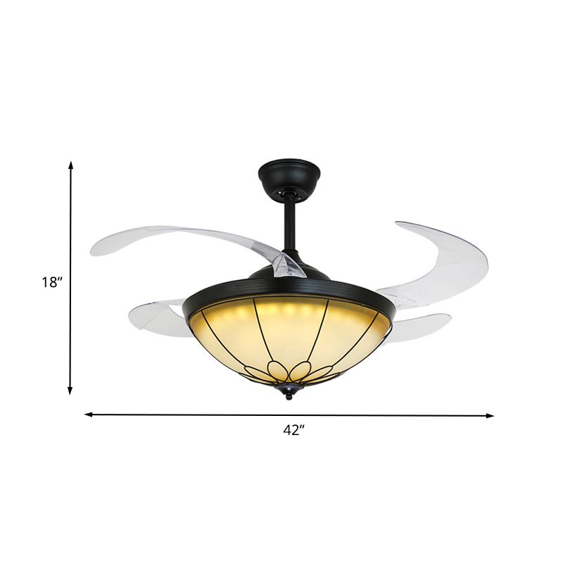 42 "W LED Dome Semi Flush Mount Lampe d'opale noire traditionnelle Black 4 lames Ventilateur de plafond Light pour salle à manger, mur / télécommande