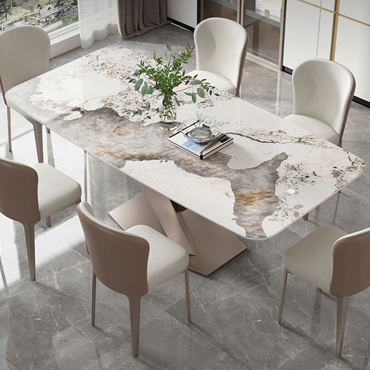 Stone Top Dining Table Rectangle Modern Table with Pedestal Base
