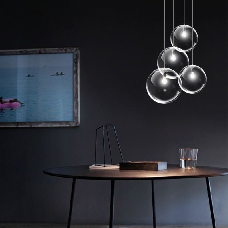 6"/8"/12" Wide Orb Pendant Lighting Contemporary 1 Light Clear Glass Hanging Ceiling Light in Black for Living Room