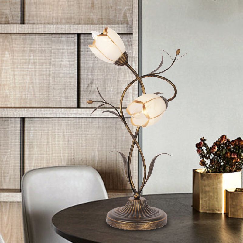 2 Lights Bedroom Night Table Lamp Rural Brass Desk Light with Flower Opal Glass Shade