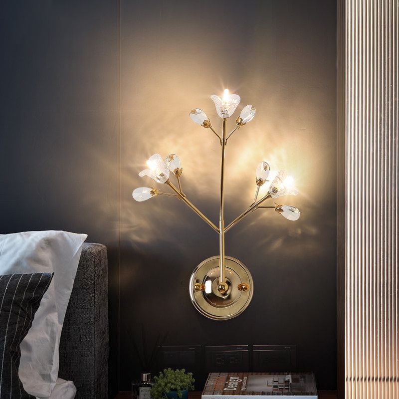 Crystal Flower and Leaf Wall Light Fixture Simple Style 3 Lights Gold Wall Sconce Light