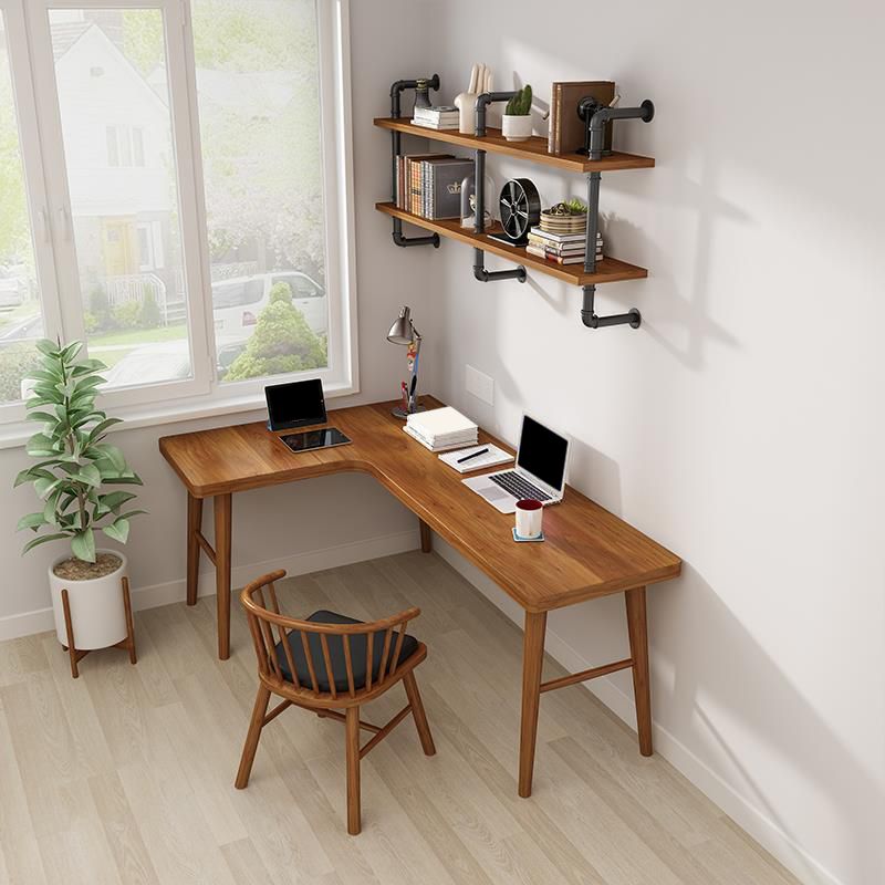 Solid Wood Writing Desk Contemporary L-Shape Brown Office Desk
