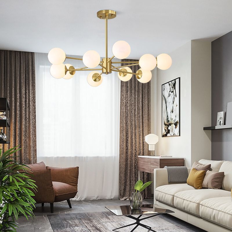 Postmodernism Balls Chandelier Ivory Glass Living Room Hanging Light with Burst Design in Gold