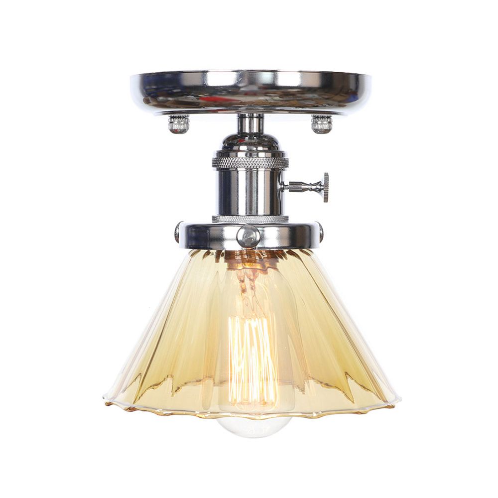 1 Bulb Semi Flush Mount Cone/Bell/Rhombus Industrial Clear/Amber Glass Ceiling Light in Chrome