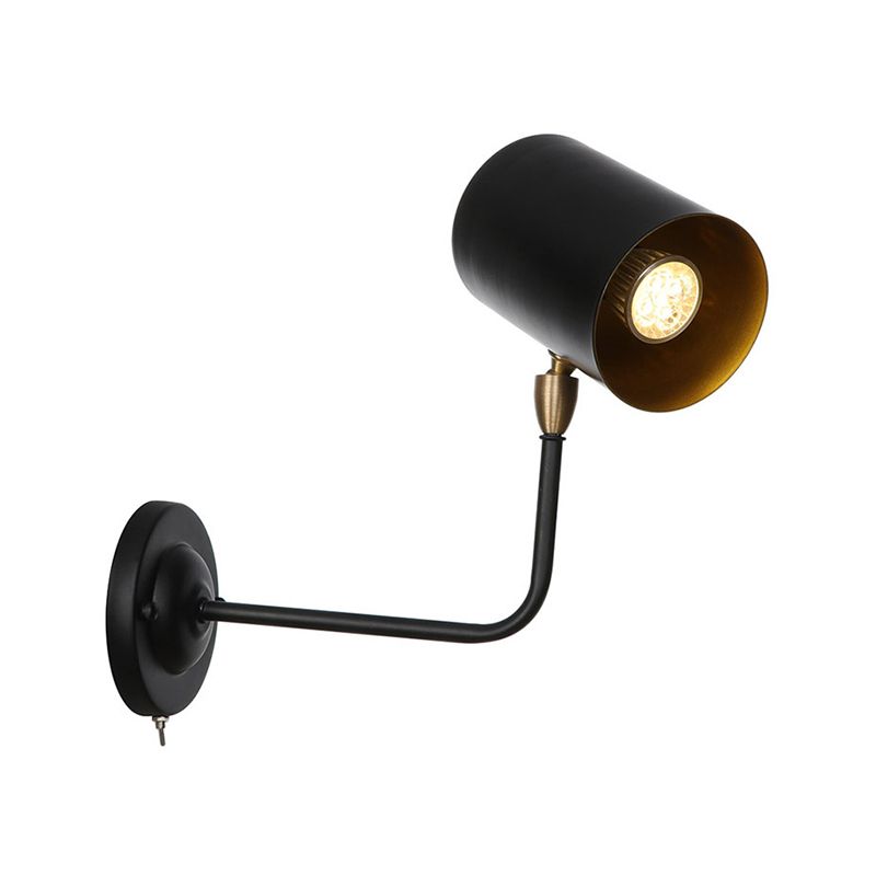 1 Light Sconce Light Fixture Industrial Cylinder Metallic Wall Mounted Lamp in Black with Bend Arm for Bedside