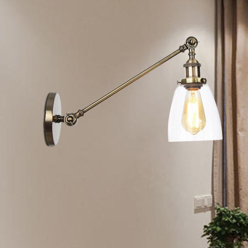 Black/Bronze/Brass 1 Light Wall Light Fixture Industrial Style Clear Glass Tapered Sconce with Arm, 8"/12" L