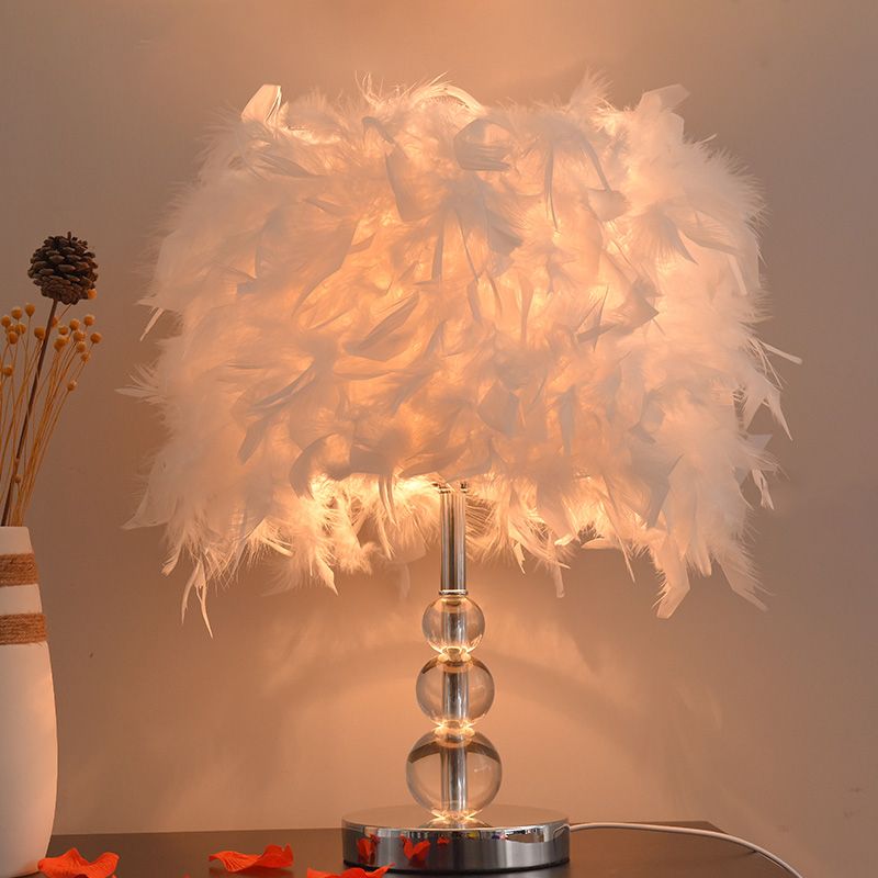 Minimalist Cylinder Night Light Feather 1 Head Bedroom Table Lamp in Red/Pink/Purple with Bubble Crystal Pedestal