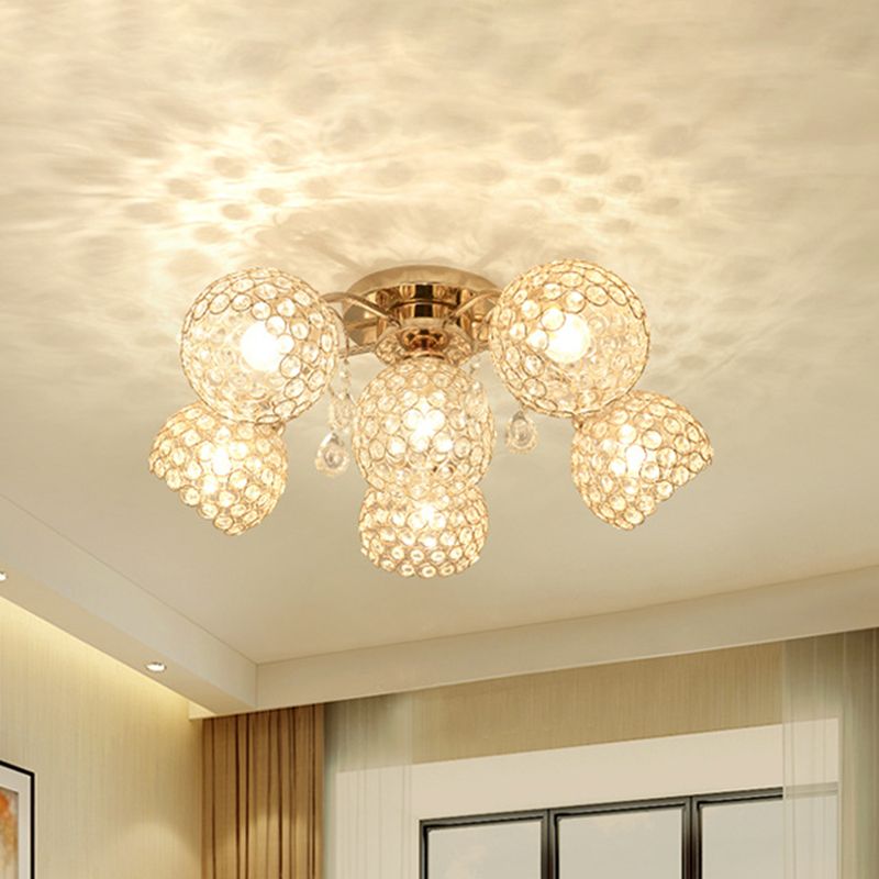 6/9 Heads Semi-Flush Mount Light Minimalist Ceiling Mounted Fixture with Sphere Crystal Embedded Shade in Gold