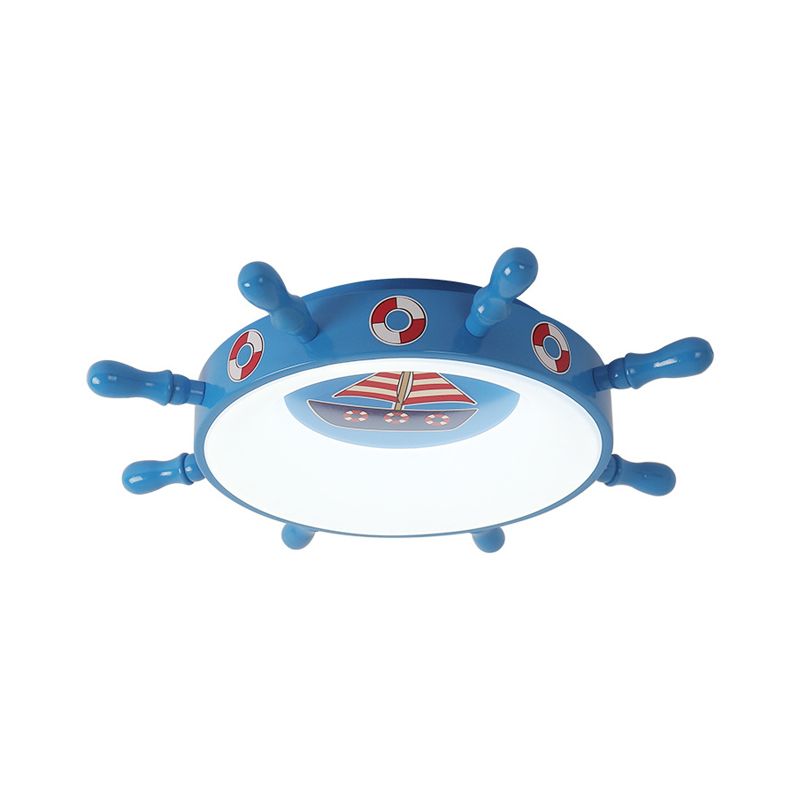 Kids Rudder Shape Flush Mount Fixture Metal LED Bedroom Flush Lighting in Dark Blue and Wood/Blue, White/Warm Light