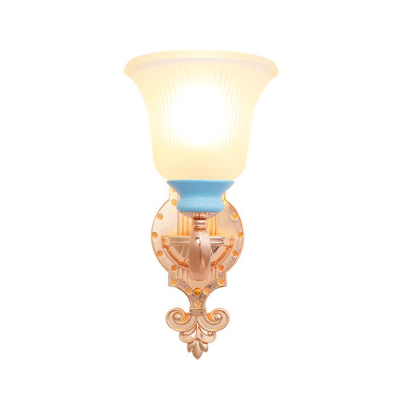 Vintage Swirled Arm Wall Light 1/2-Bulb Metal Wall Mounted Lighting in Gold with Bell Frosted Ribbed Glass Shade