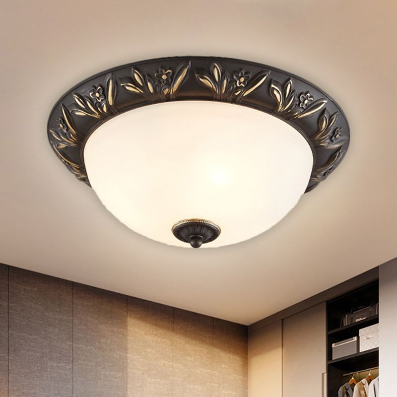 Frosted Glass Dome Flush Lamp Antiqued 12"/15.5" W 2/3-Head Bedroom Ceiling Fixture with Flower Edge Design in Brass/Black and Gold