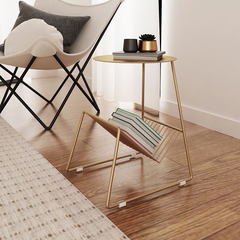 Mid-Century Metal Round Top Side Table Abstract End Table with Magazine Rack