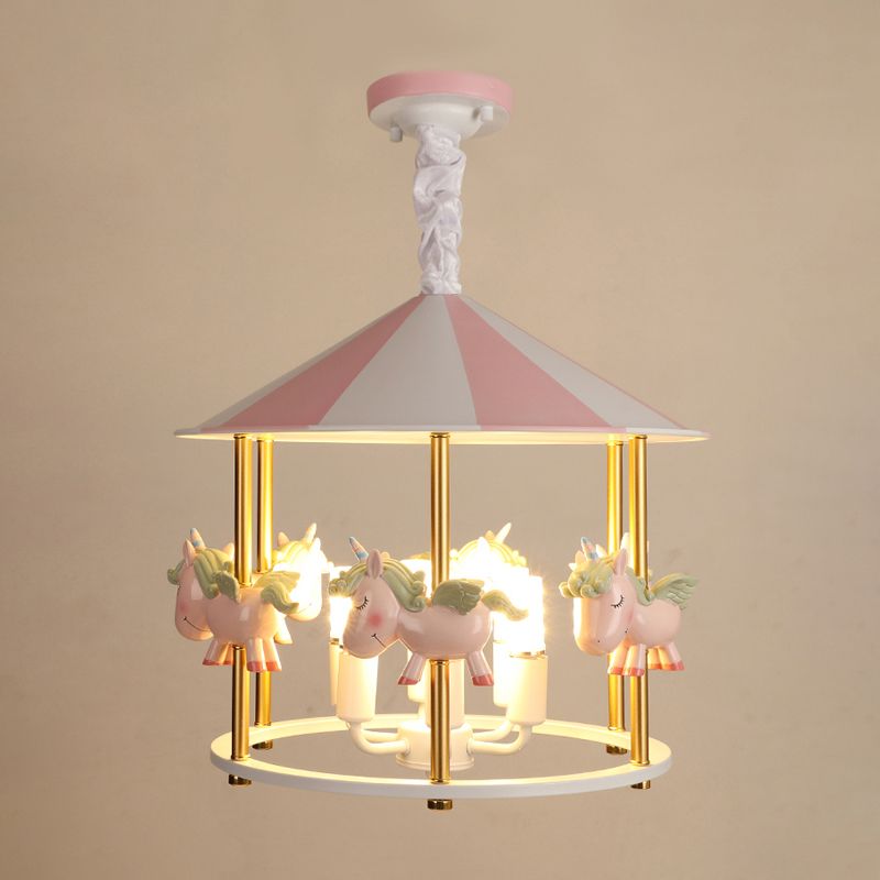 Resin Unicorn Carousel Hanging Lamp Kids 5-Light Pink/Blue Pendant Chandelier for Child Room