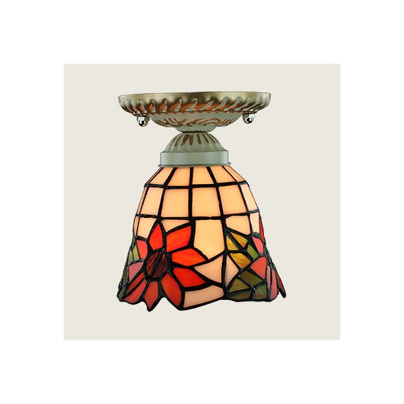Plafonnier coloré de style Tiffany, vitrail, 1 ampoule, plafonnier encastré avec motif tournesol/queue de paon/lys