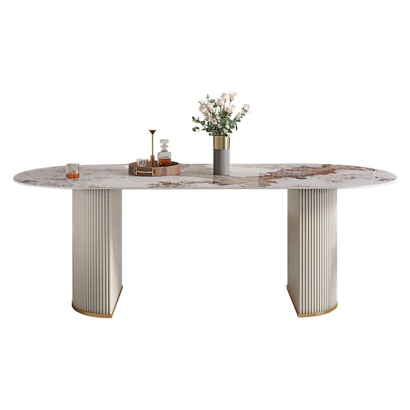 Luxury Sintered Stone Table Oval White Table with Double Pedestal