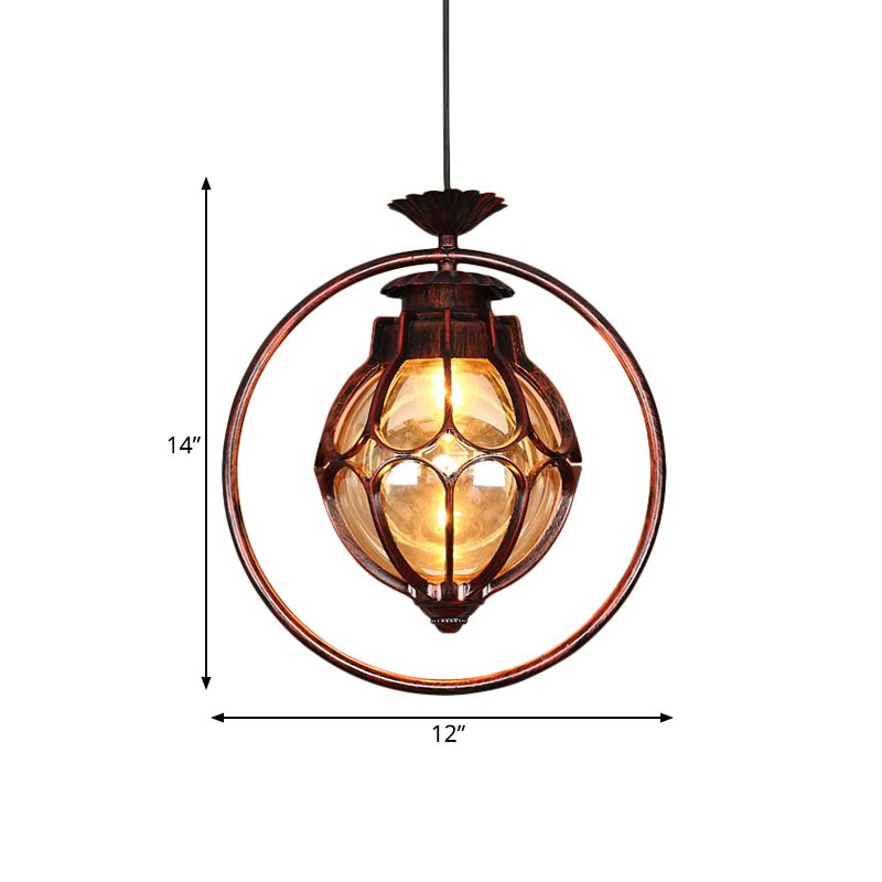 1 Light Suspension Lamp Rustic Globe Amber Glass Hanging Pendant Light in Copper with Iron Ring