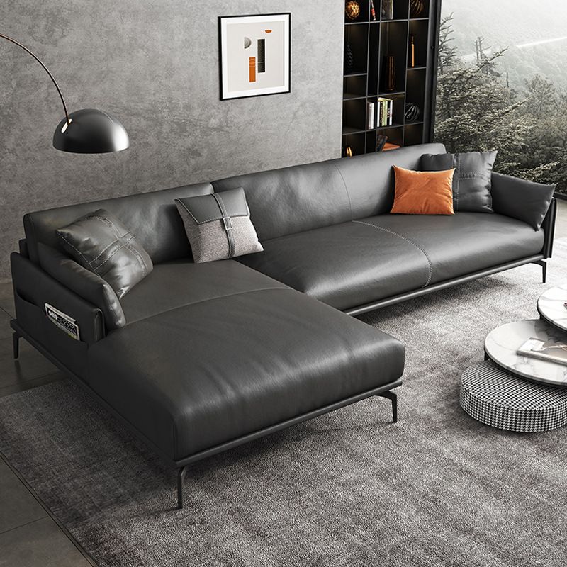 Scandinavian Dark Gray Stain-Resistant Storage Grain Leather Sofa & Chaise